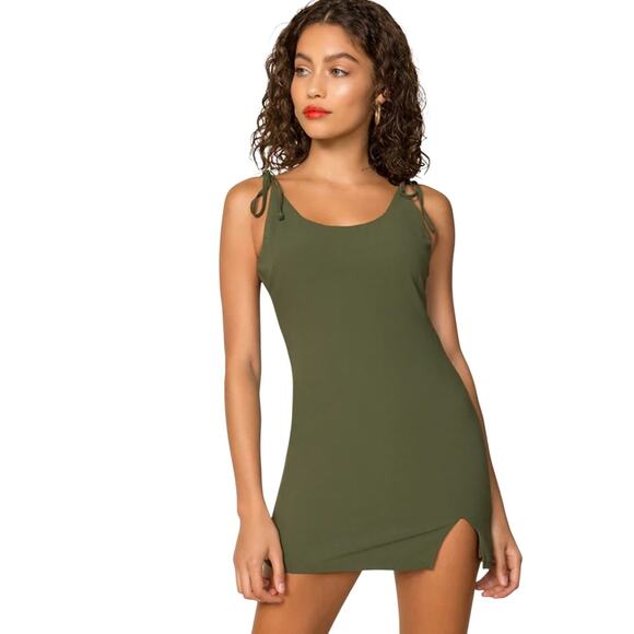 Superdown Dress Medium Green Mini Eili Tie Bodycon Slit Casual Sundress Revolve - Picture 1 of 9